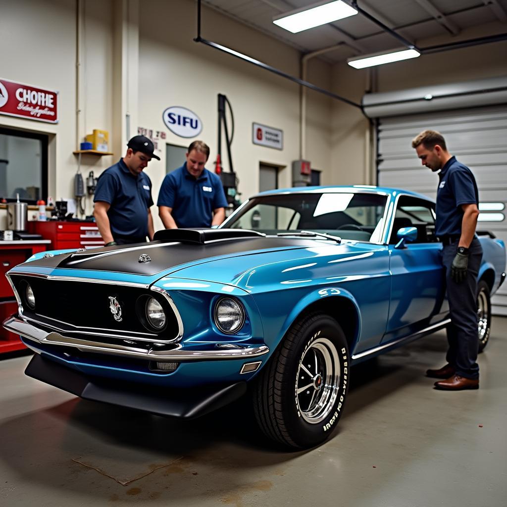 Ford Mustang Mach 1 1969 being restored in a workshop