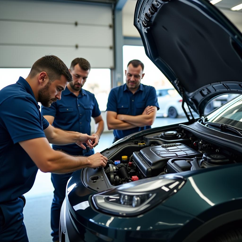 Fortbildung für Kfz-Mechaniker im Bereich Elektromobilität: Mechaniker arbeiten an einem Elektroauto.