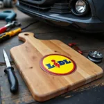 Frühstücksbrettchen Lidl als Unterlage in der Autowerkstatt