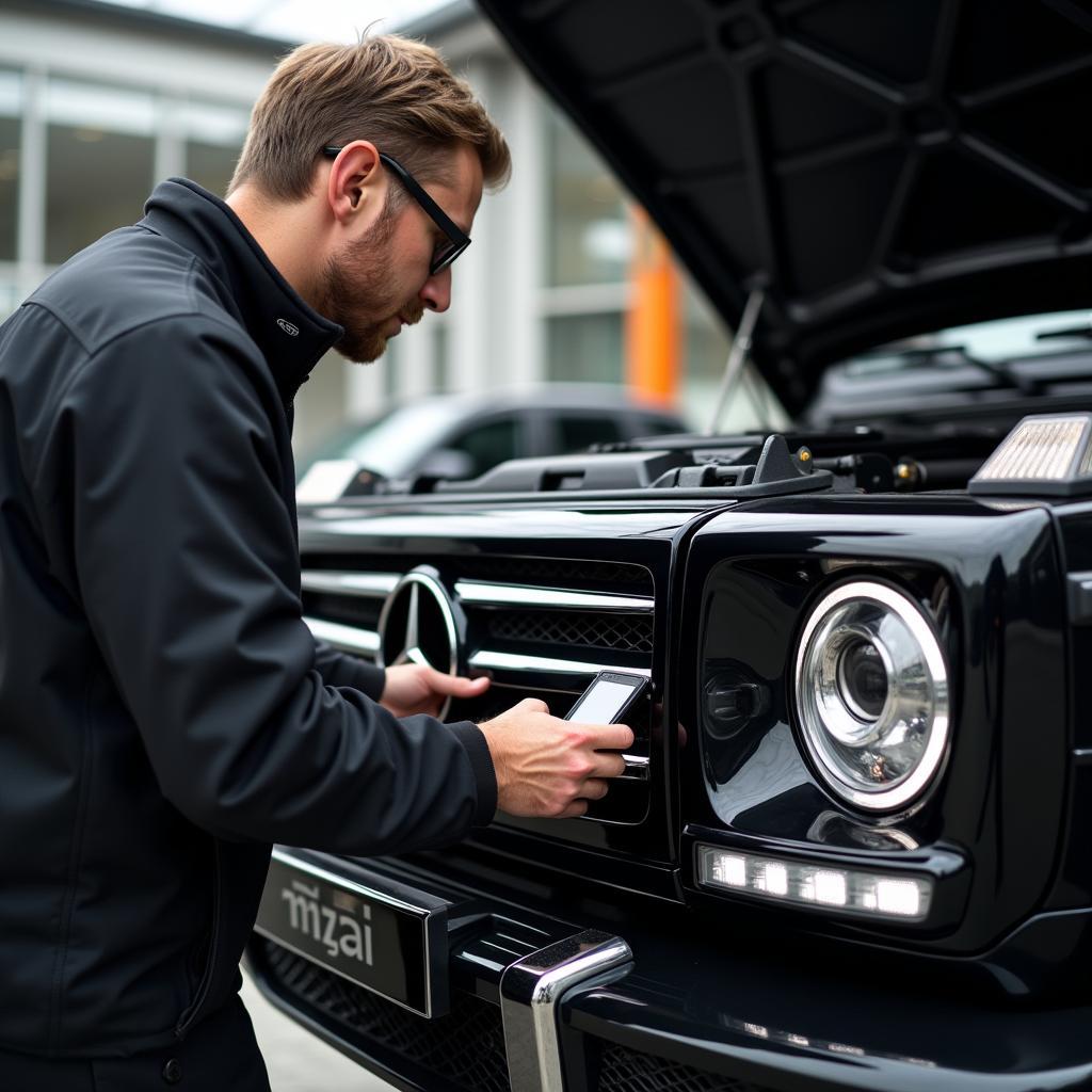 Gebrauchtwagen-Check beim Mercedes G 400 CDI: Ein Experte überprüft den Zustand des Fahrzeugs.