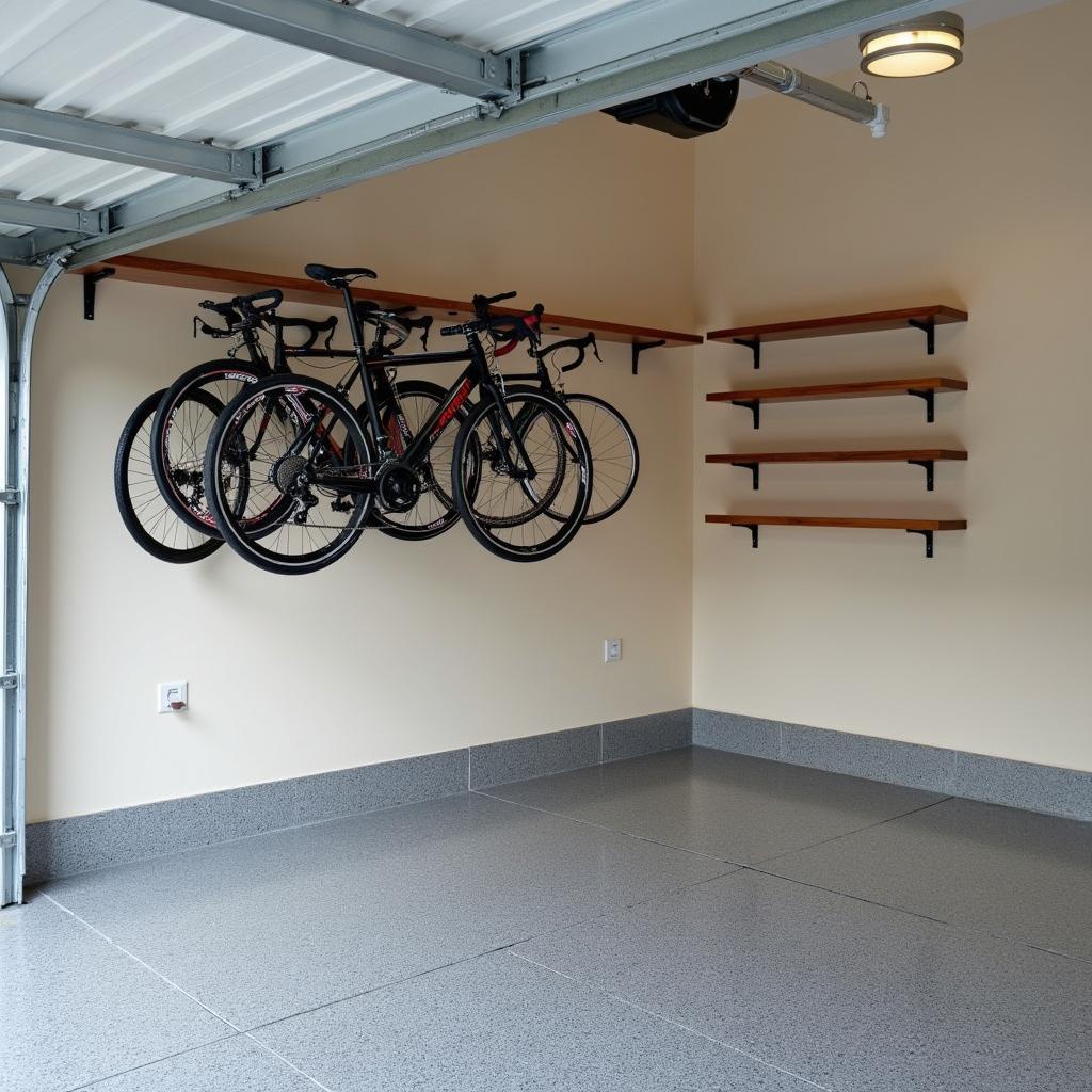 Garage mit praktischen Wandregalen und einer Fahrradhalterung