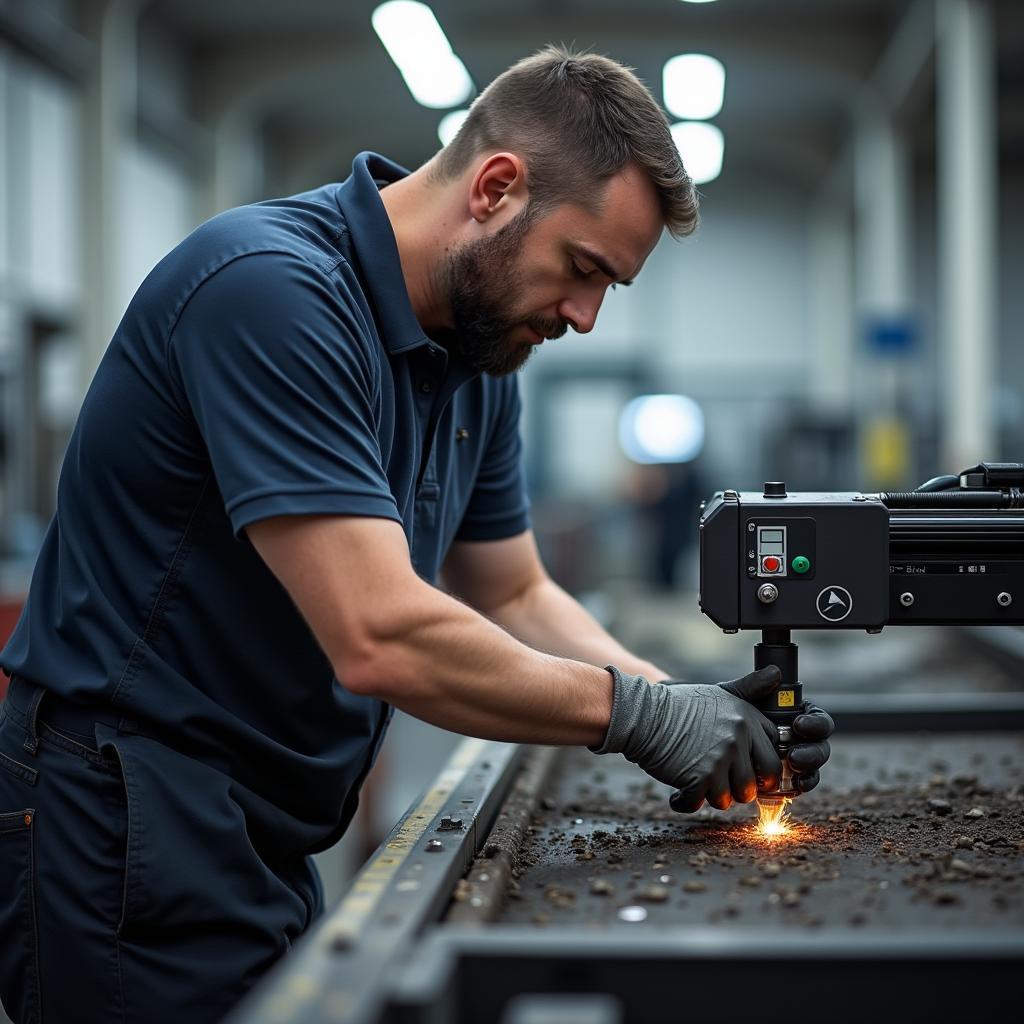 Gebrauchte Laserschneidanlage in einer Kfz-Werkstatt im Einsatz. Ein Mechaniker schneidet präzise ein Karosserieteil.