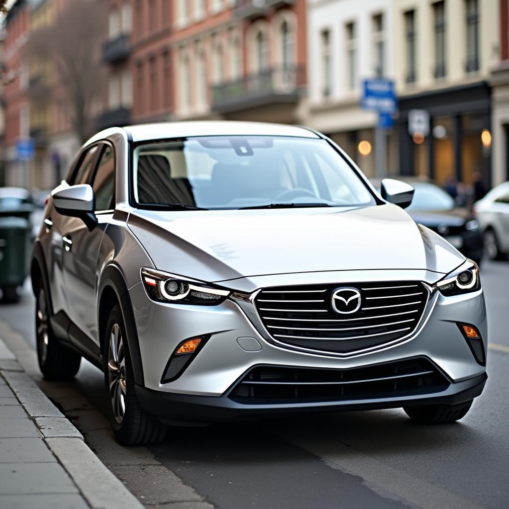 Gebrauchter Mazda CX-3: Außenansicht eines silbernen Mazda CX-3 auf einer Straße.