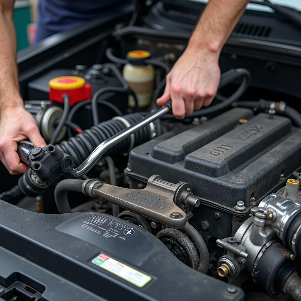 Grand Marquis V8 Wartung:  Ein Mechaniker führt Wartungsarbeiten an einem Grand Marquis V8 durch.