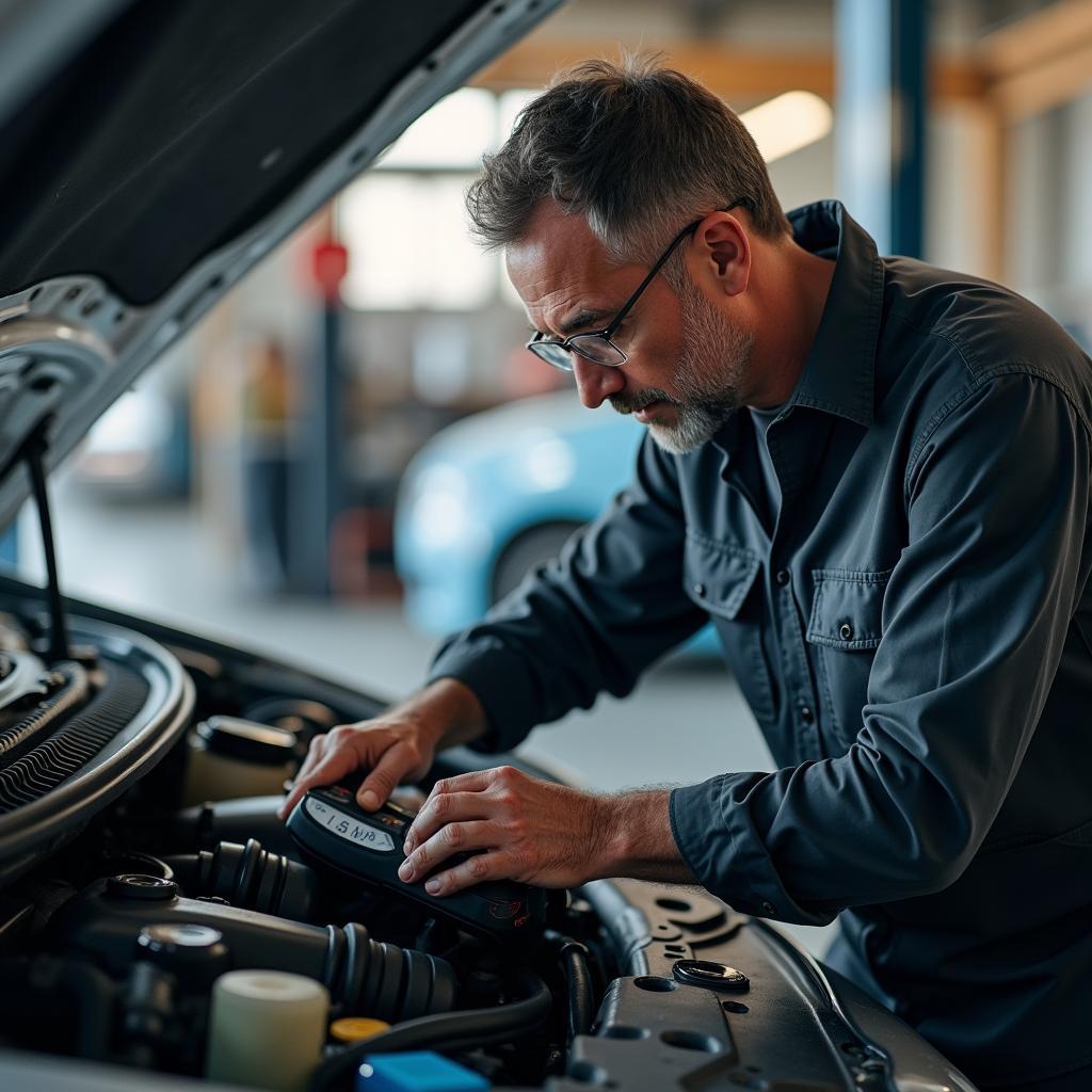 Erfahrener Mechaniker bei der Fahrzeugdiagnose