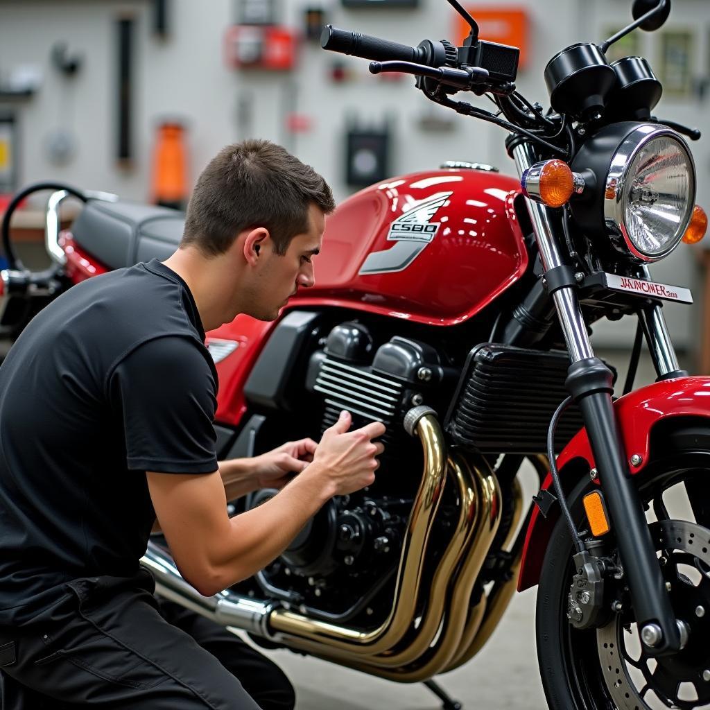 Wartung und Reparatur an einer Honda CB 500 F: Ein Mechaniker überprüft den Motor.