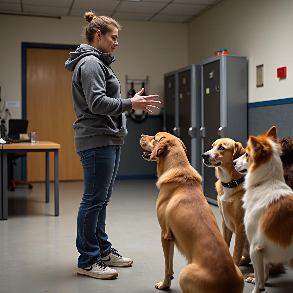 Hundetrainer in Hundepension zeigt Kommandos