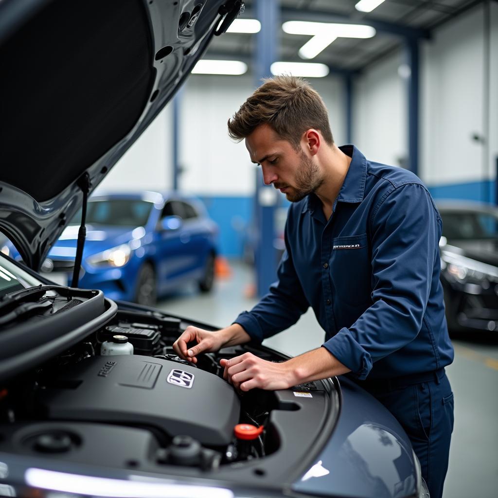 Hyundai Reparatur Dortmund Ebbinghaus: Ein Mechaniker inspiziert den Motorraum eines Hyundai i30.