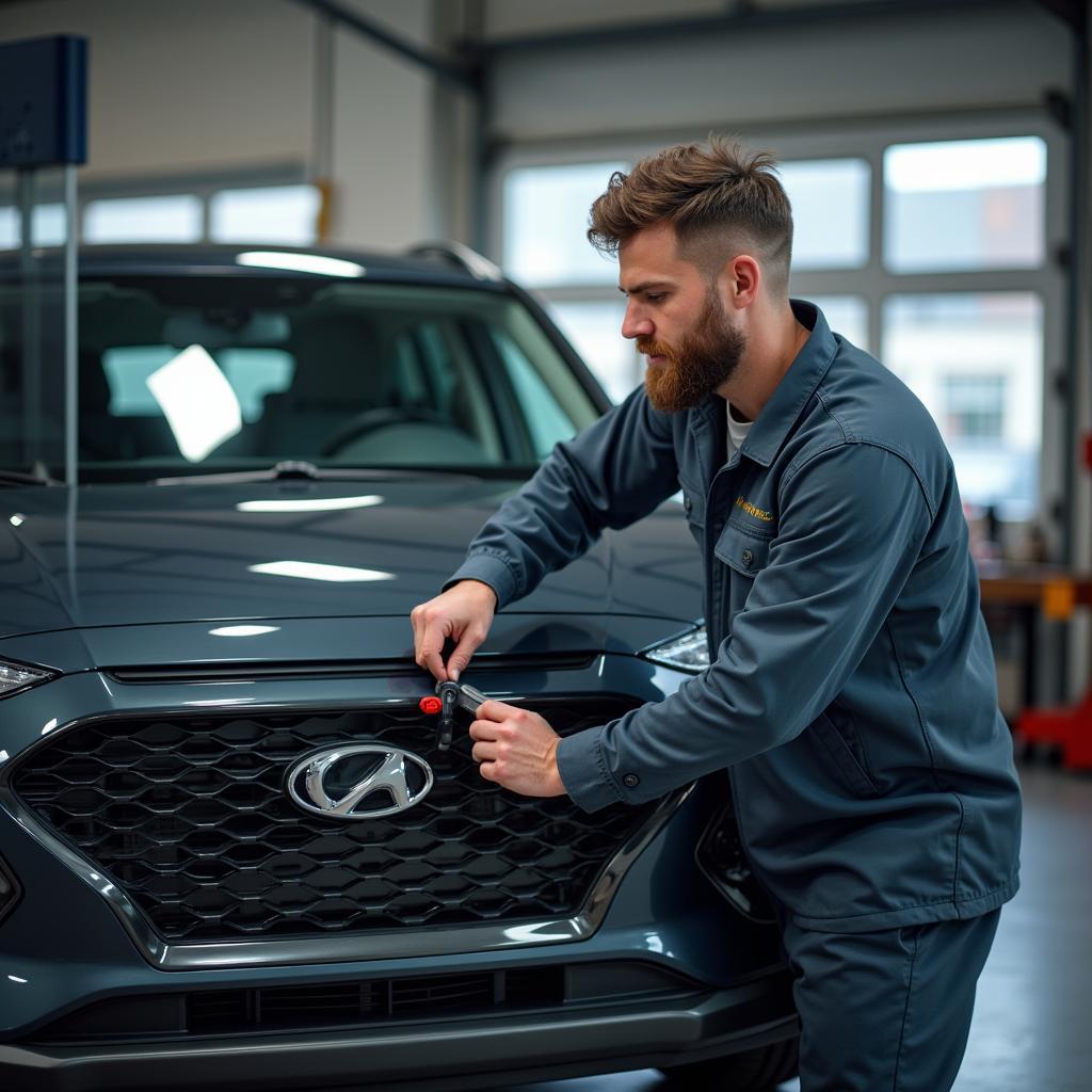 Erfahrener Mechaniker in einer Hyundai Werkstatt in Bitterfeld repariert einen Hyundai.