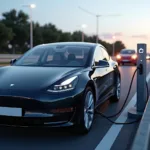 Ionity Schnellladestation mit Tesla an der Autobahn