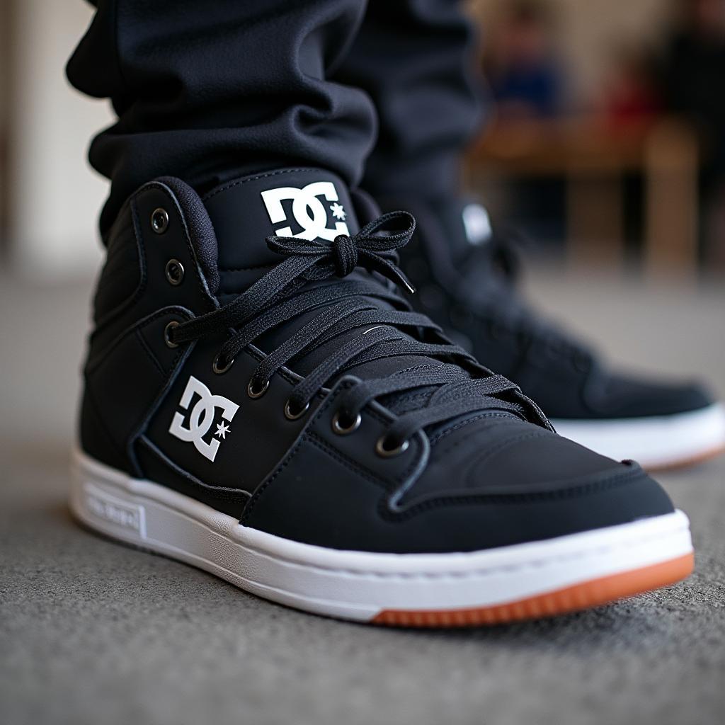 Nahaufnahme der DC Shoes von Ken Block mit dem Logo im Fokus.