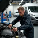 Kfz-Mechaniker bei einem ADAC-Training in der Werkstatt. Der Mechaniker arbeitet an einem Motor und verwendet spezielle Werkzeuge. Im Hintergrund sind weitere Werkzeuge und Fahrzeuge zu sehen.