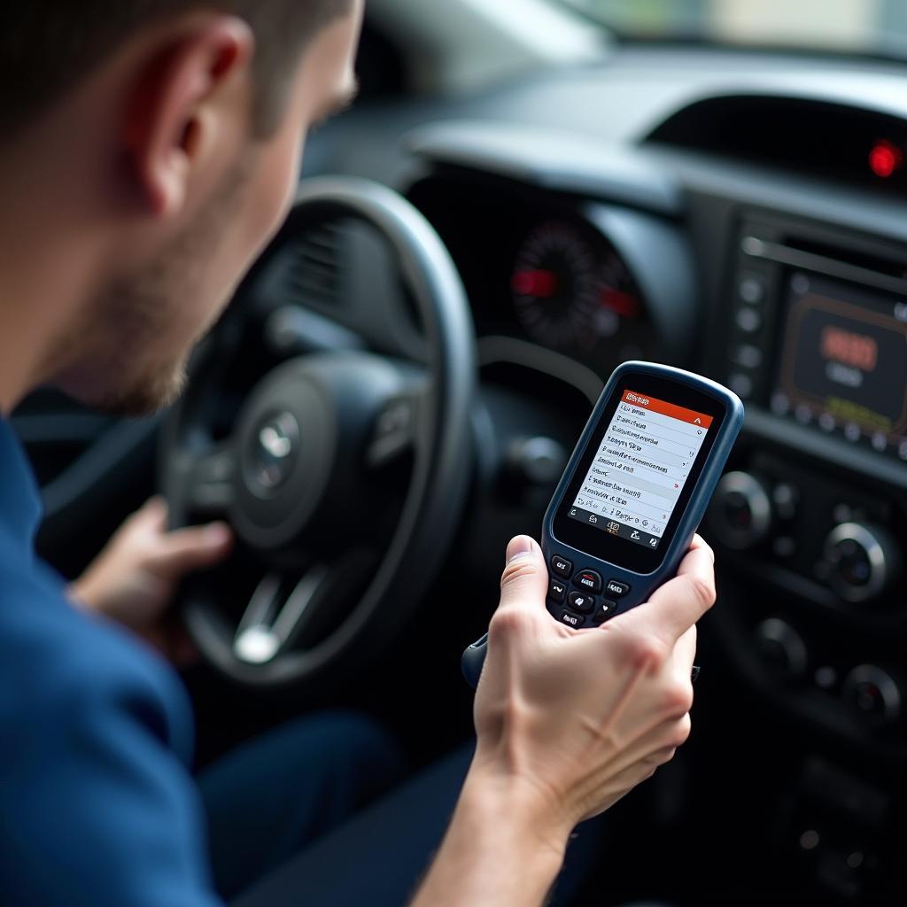 Mecânico utilizando equipamento de diagnóstico em um carro