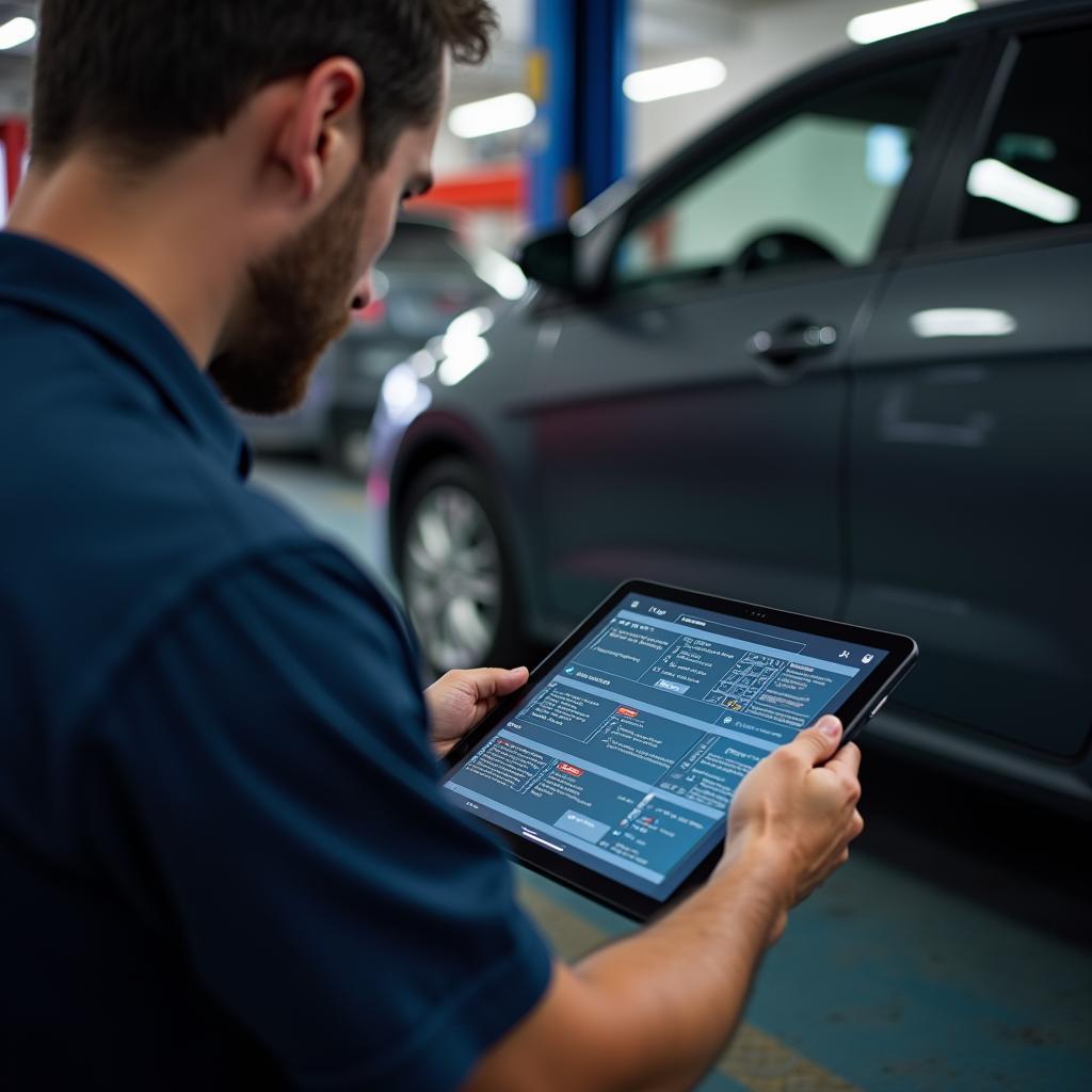 Meccanico utilizza un tablet per la diagnosi dell'auto