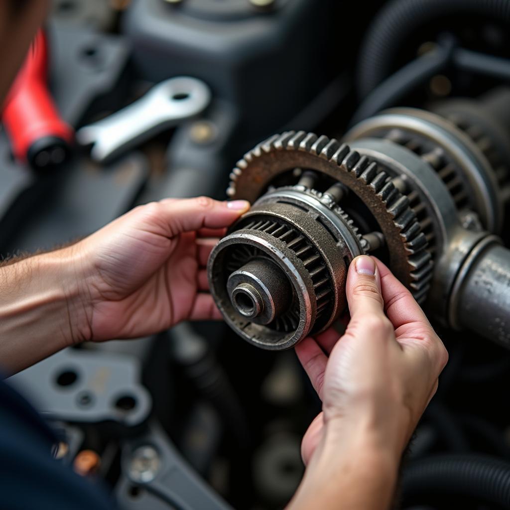 KFZ-Mechaniker prüft gebrauchte Autoteile auf Schäden.