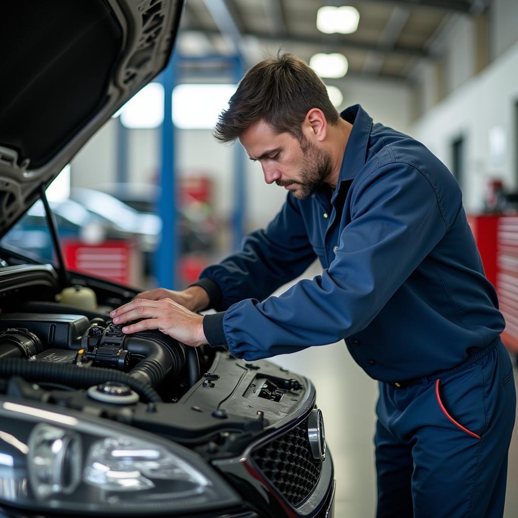 Kfz-Mechaniker bei der Reparatur in der Werkstatt