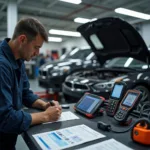 Kfz-Mechaniker in der Werkstatt mit japanischem Auto