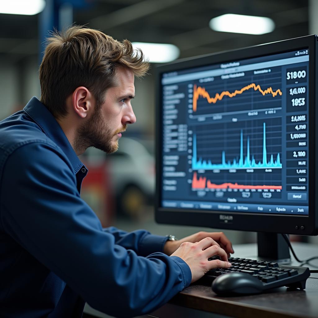 Kfz-Mechatroniker analysiert Fehlercodes am Computer