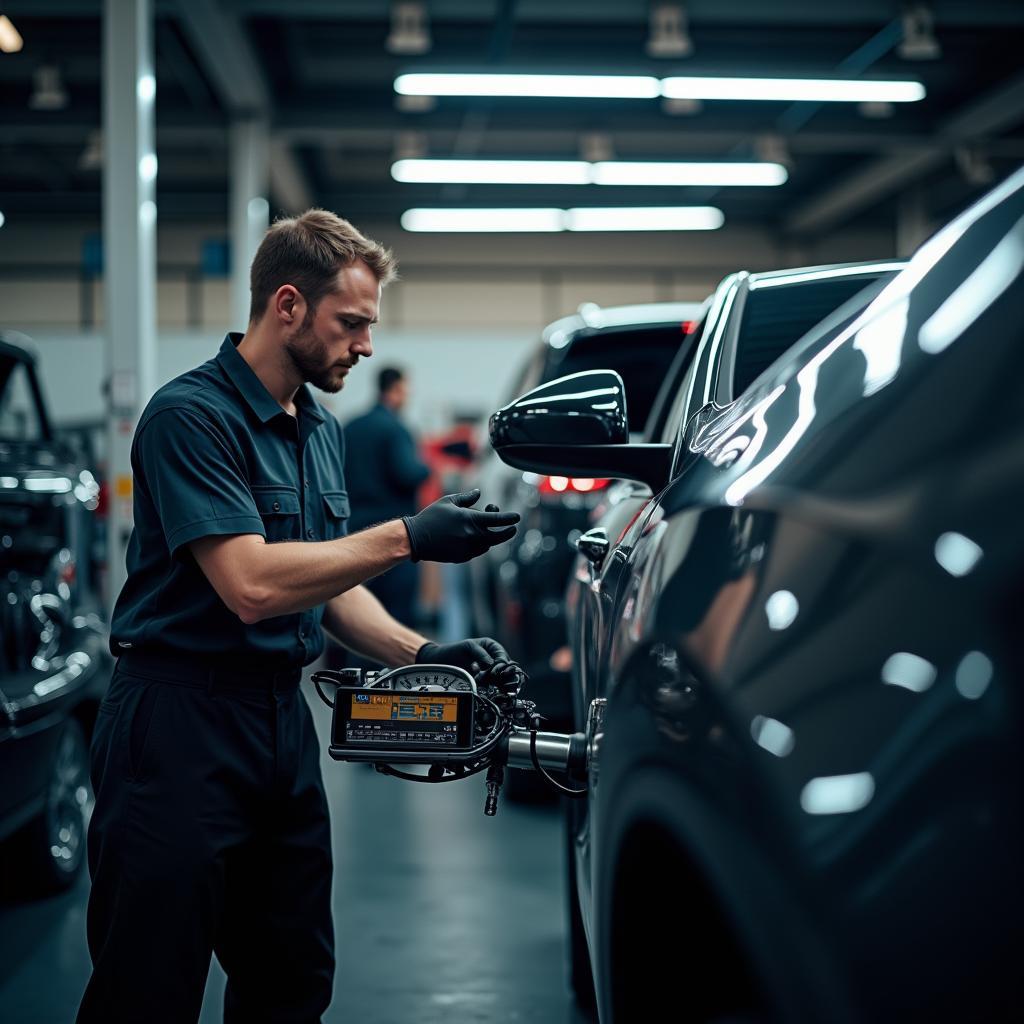 Kfz-Werkstatt in Bielefeld: De Vito Reparatur Service. Ein Mechaniker arbeitet an einem modernen Auto in einer hellen und sauberen Werkstatt, umgeben von modernen Diagnosegeräten.