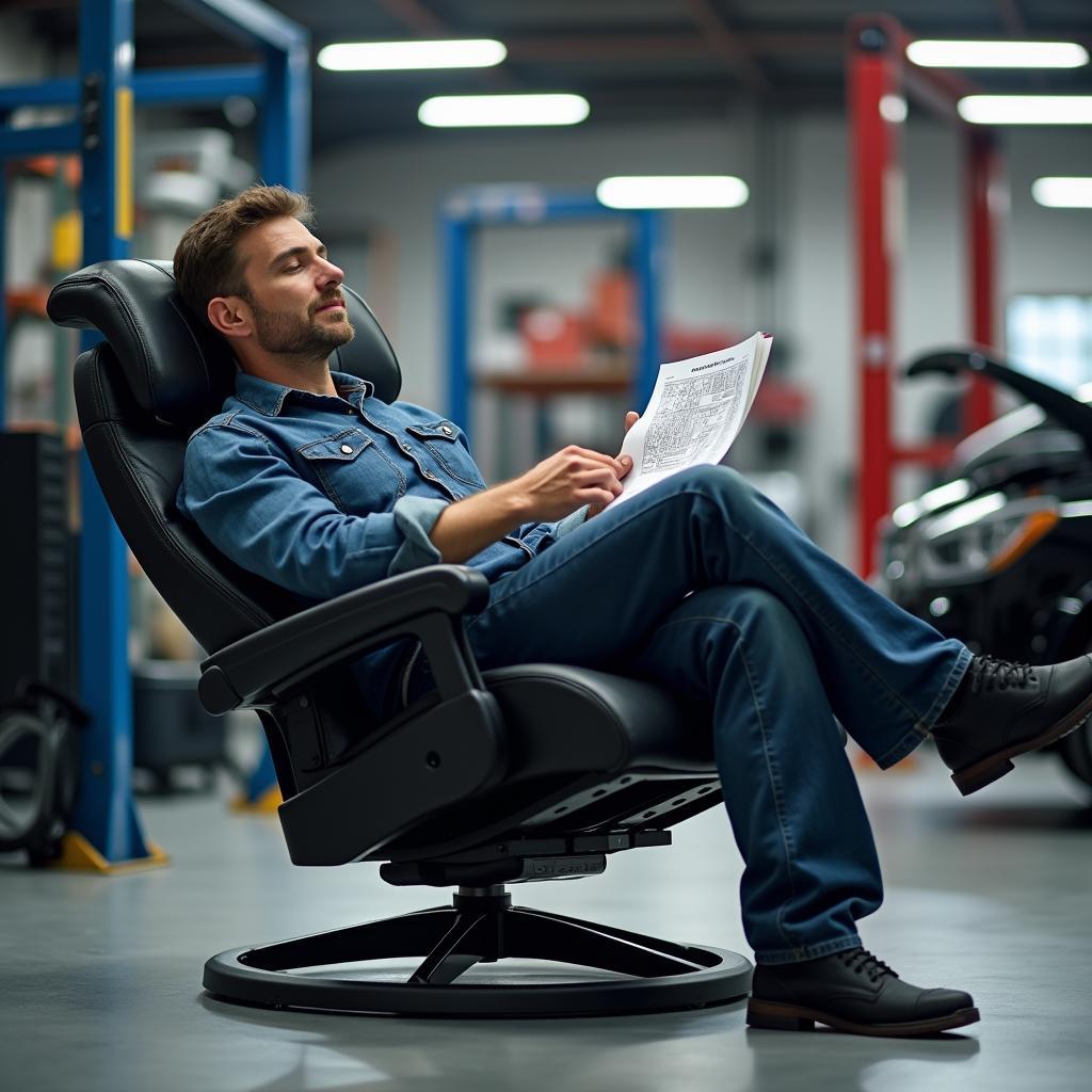 Relaxed car mechanic reading a manual in an electric wingback chair