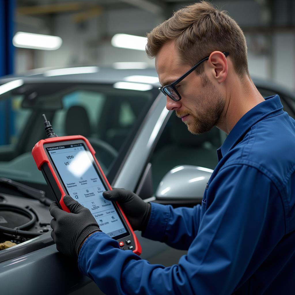 Kfz-Mechaniker verwendet Kienzle VDO Diagnosegerät in der Werkstatt