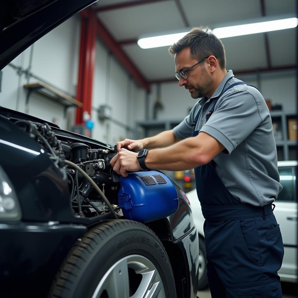 Befüllen der Klimaanlage in der Werkstatt: Ein Kfz-Meister führt die Wartung durch.