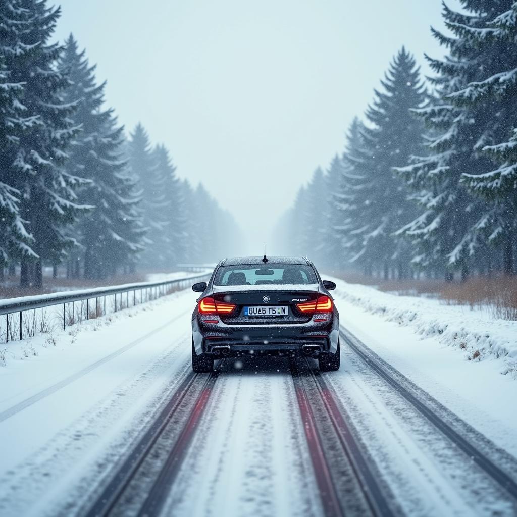 Kurzstrecke mit Diesel im Winter: Ein Auto fährt auf einer verschneiten Straße.