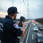 Laser-Blitzer im Einsatz auf einer Brücke: Ein Polizist kontrolliert die Geschwindigkeit der Fahrzeuge mit einem Laser-Blitzer.