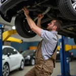 Ein Mann in Lederhosen repariert ein Auto. Die kurze Schnittform ermöglicht optimale Bewegungsfreiheit.