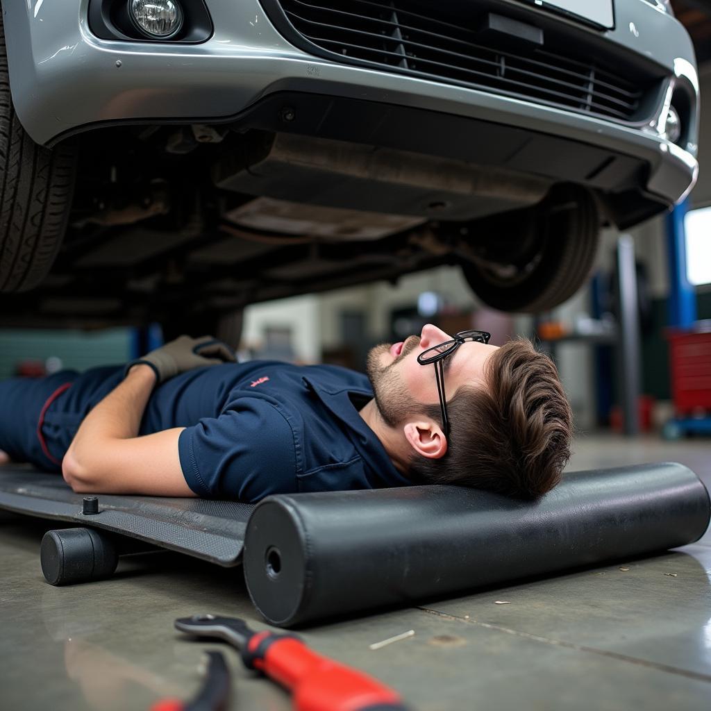 Werkstattmechaniker auf einer Liege Auto