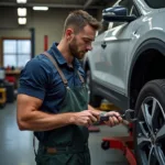 Mann repariert sein Auto selbst in einer Mietwerkstatt.