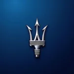 Das Maserati-Logo: Der Dreizack auf blauem Hintergrund.