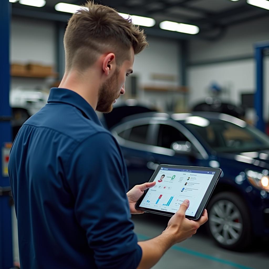 Mechaniker analysiert Fahrzeugdaten auf einem Tablet