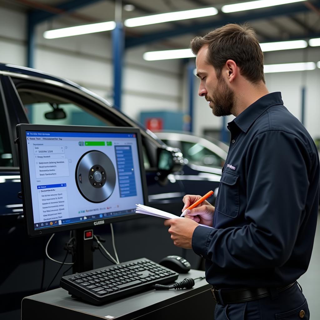 Mechaniker analysiert Messergebnisse auf mobilem Bremsenprüfstand