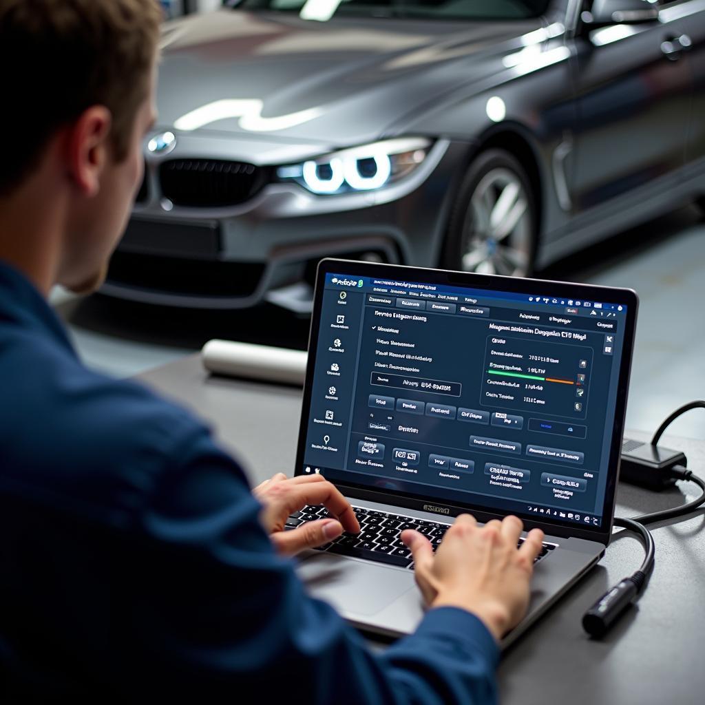 Mechaniker führt BMW Diagnose mit ISTA durch