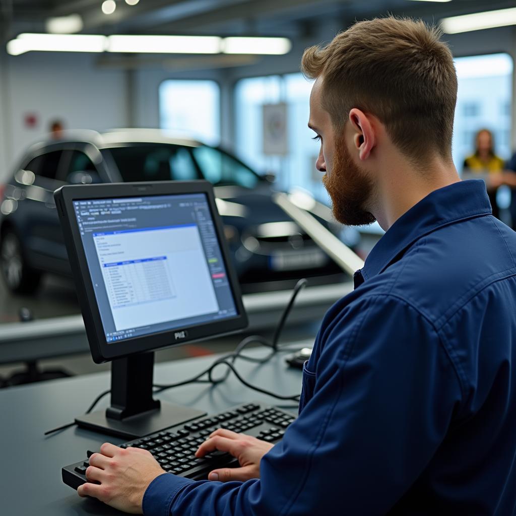 Mechaniker führt Diagnose im Motorzentrum Berlin durch