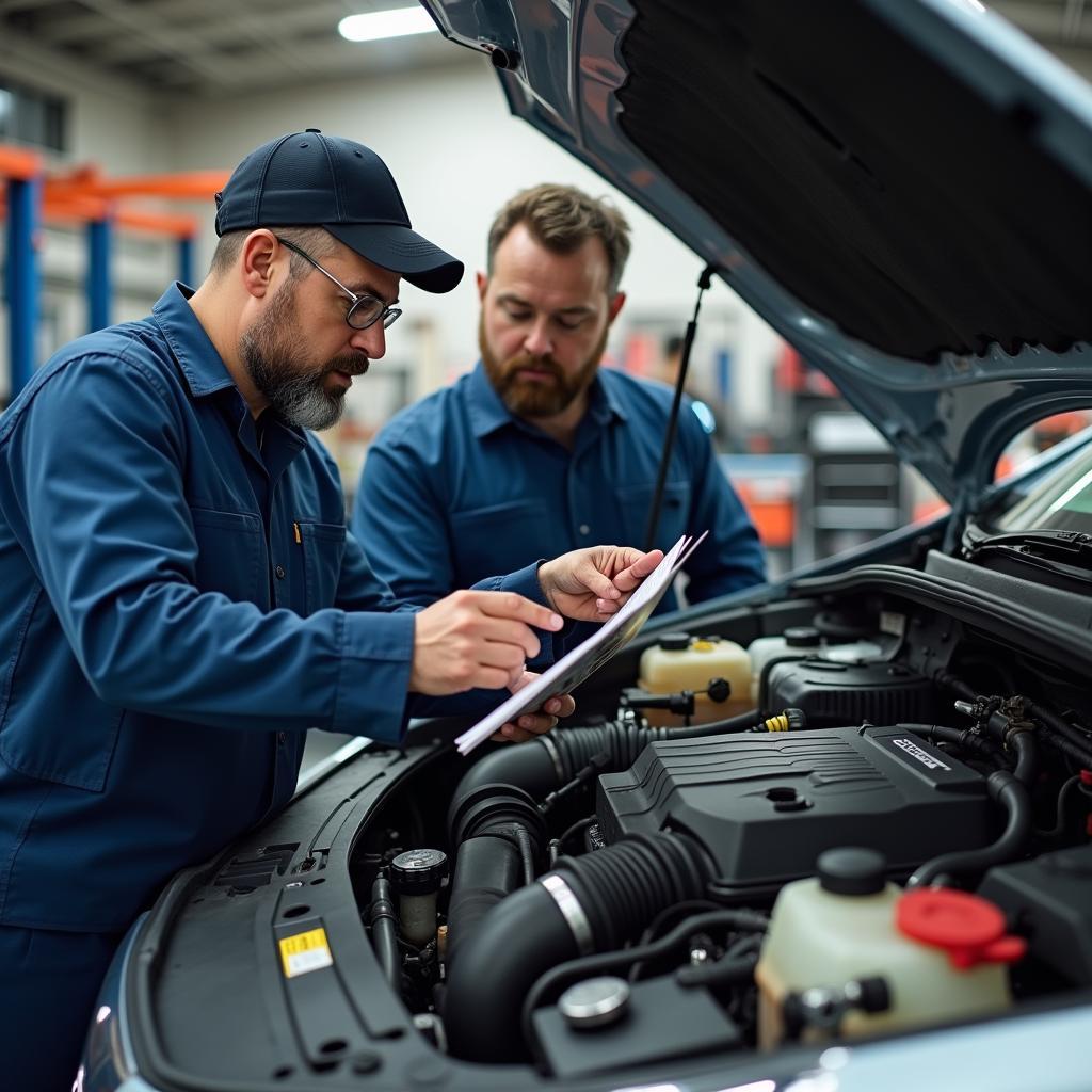 Zwei Mechaniker diskutieren über einen Motor