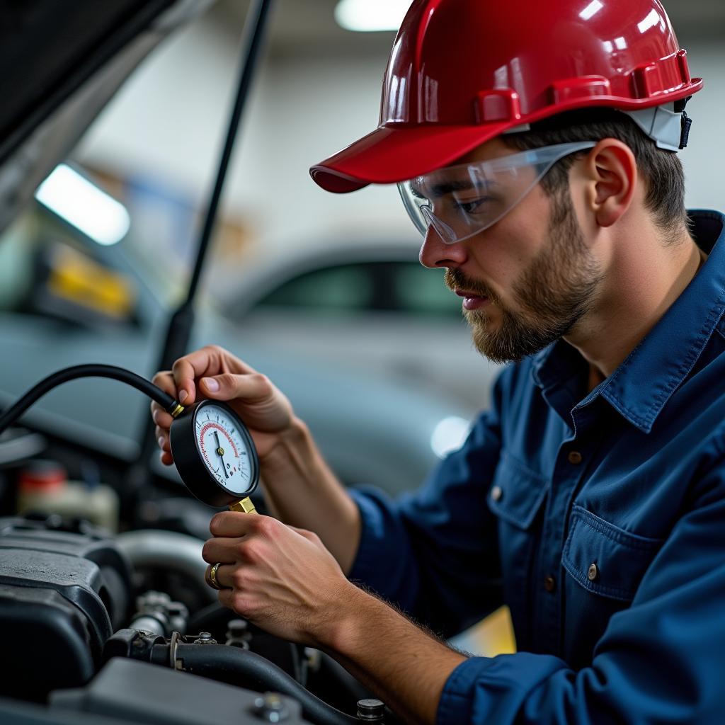 Mechaniker bei der Druckluft-Lecksuche