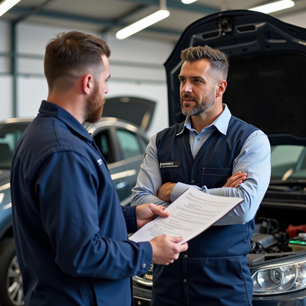 Mechaniker erklärt Kunde die Reparatur