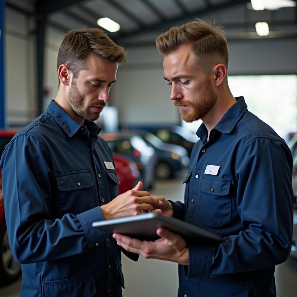 Kommunikation zwischen Mechaniker und Kunden in einer Autowerkstatt mit Tablet