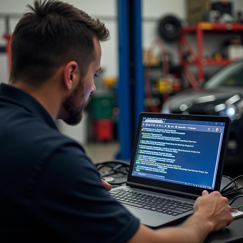 Mechaniker analysiert Fehlercodes am Laptop in der Werkstatt