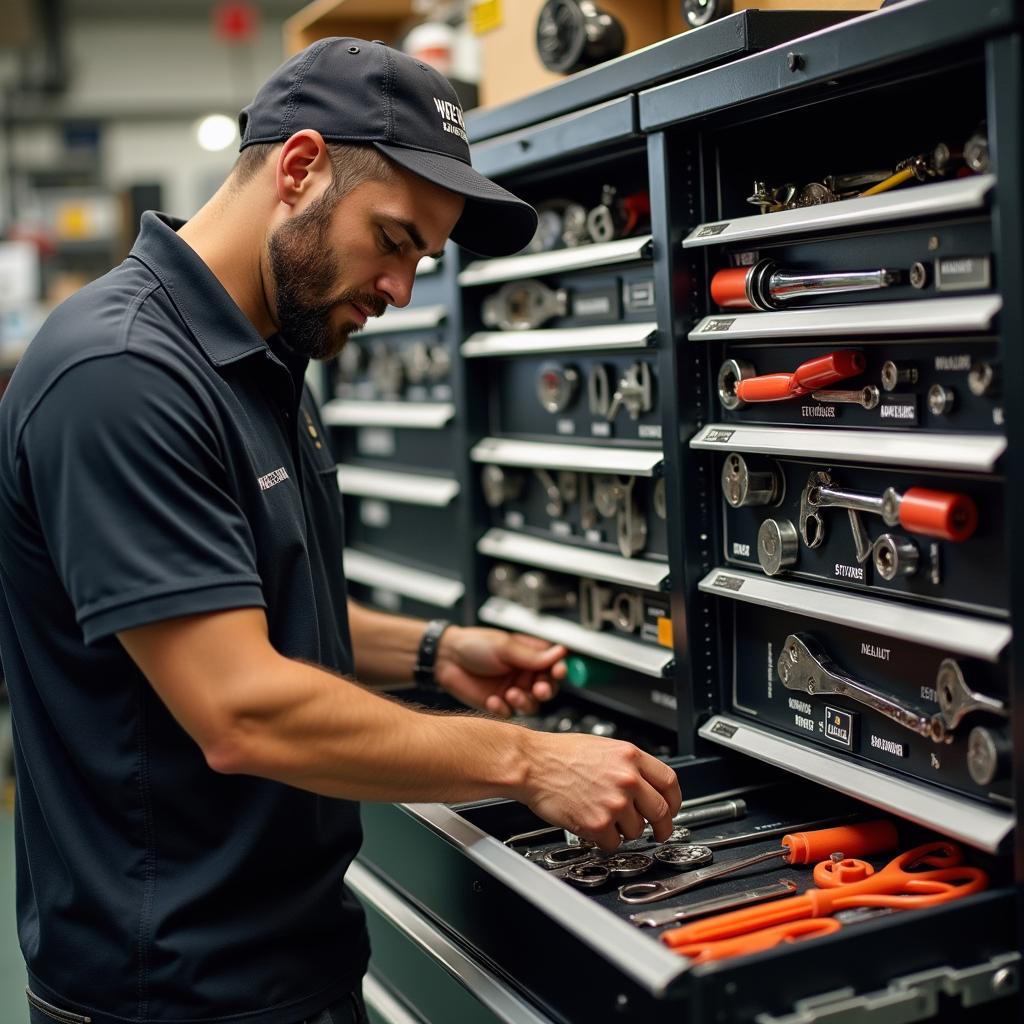 Mechaniker organisiert Werkzeuge in Schubladen