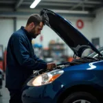 Mechaniker repariert Auto in Werkstatt: Ein Mechaniker konzentriert arbeitet an einem Auto in einer ruhigen Werkstatt.