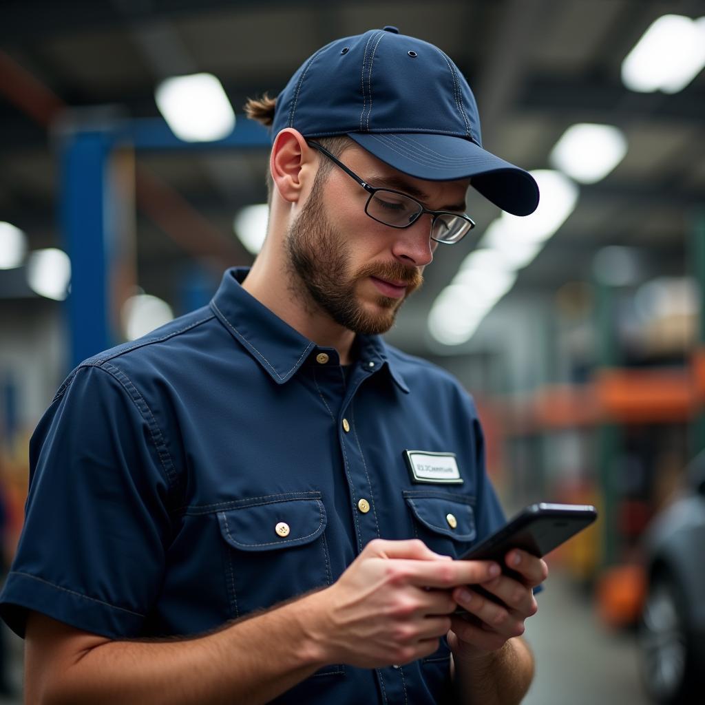 Mechaniker bucht online einen Termin über sein Smartphone