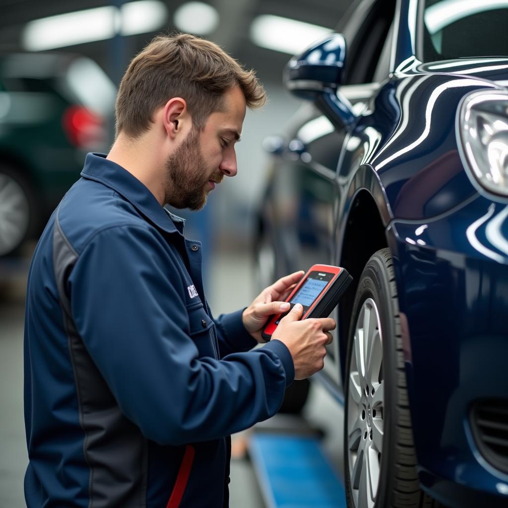 Mechaniker in Werkstatt überprüft Auto