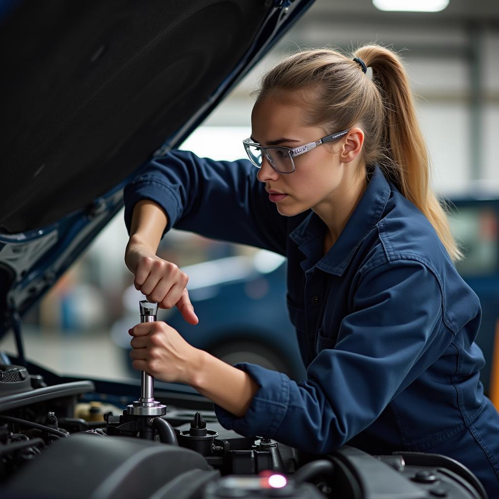 Mechanikerin repariert Auto mit Werkzeug