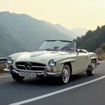 Mercedes 320 SL R129 mit geöffnetem Stoffverdeck und ausgefahrenem Überrollbügel