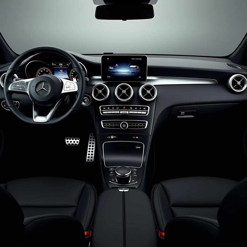 Modernes Interieur der Mercedes-Benz A-Klasse mit MBUX Infotainmentsystem:  Hightech-Cockpit mit Touchscreen und digitalen Anzeigen.