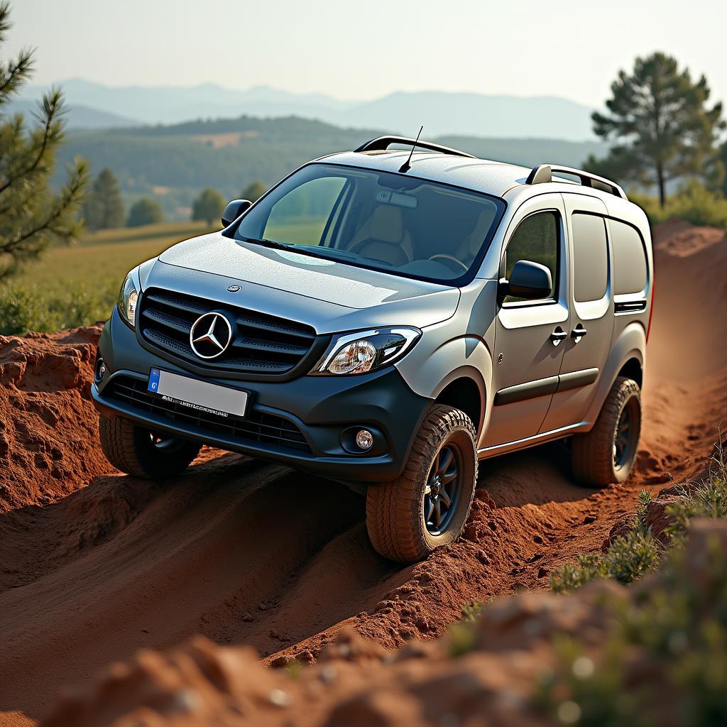 Mercedes Citan 4x4 meistert Offroad-Piste.  Der Allradantrieb sorgt für optimale Traktion auf losem Untergrund und ermöglicht Fahrten abseits befestigter Straßen.