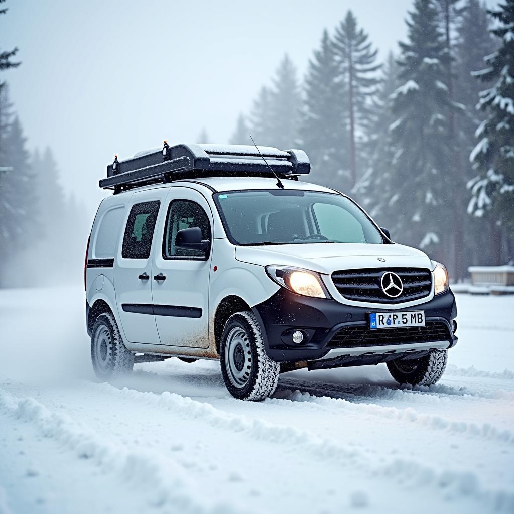 Mercedes Citan 4x4 bei winterlichen Straßenverhältnissen.  Das Fahrzeug fährt sicher auf schneebedeckter Straße. 